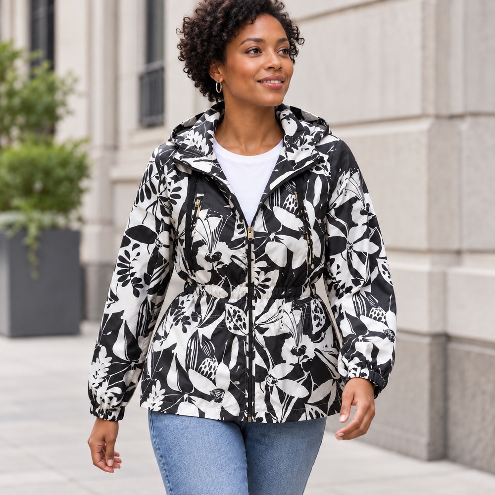 Lauren Ralph Lauren Floral Hooded Windbreaker Jacket Womens Medium Black White